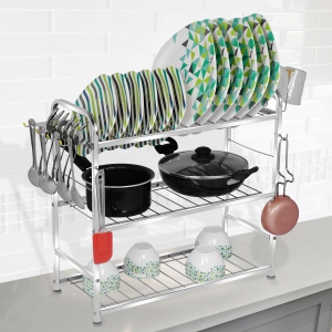 PALOMINO 3 LAYER 21*21 inch Wall Mount Modern Kitchen Utensils Dish Rack Stainless Steel Kitchen Rack Utensil Rack Utensil Stand With Extra Hooks