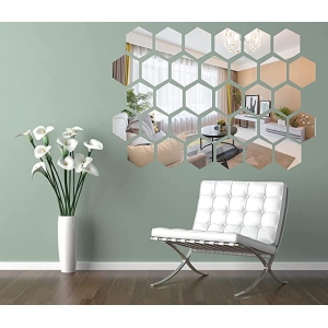 12 Hexagon Silver Mirror Stickers For Wall