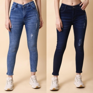 Women Combo of Light & Dark Blue Damage Jeans-24