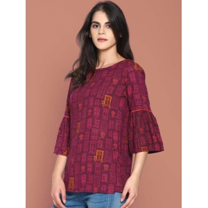 Wine Printed Top With Ruffled Sleeves-M