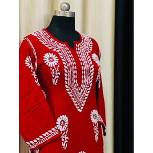 Chikankari Kurti-Blood Red / 40/L / Soft Pure Rayon