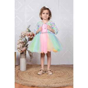 Cutedoll Multicolor Net Kids Frock Dress With Jacket-3-4 Year