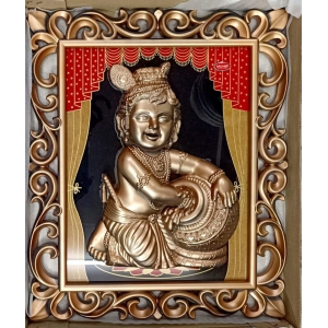 Lord Child Bal Krishna Enjoying Butter Poster Painting in Wood Craft Frame Art Craft & Handicrafts