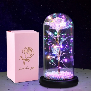 Rainbow Color Artificial Rose Light Up Rose in Acrylic Dome