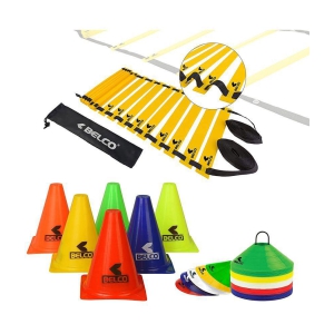 BELCO SPORTS 6 Inch Cones Pack 10,20 Space Markers and 4 Meter Ladder with Pushup Stand Agility Combos