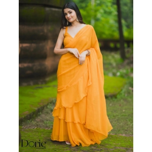 Yellow Georgette Pre Draped Saree by Dorie