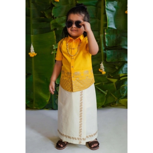 2 Pc Mundu Dhoti Shirt Set-Yellow 6M