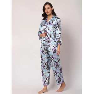 GOCHIKKO Womens Satin Printed Color Night Suit Set of Shirt & Pyjama Pack of 1(Pale Aqua Printed)-S