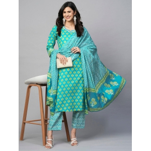 Ocean Breeze Charm: Printed Turquoise Blue Cotton Kurta Set-3XL