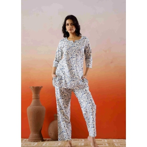 Plus Size White & Blue Floral Print Cotton Loungewear Set-L