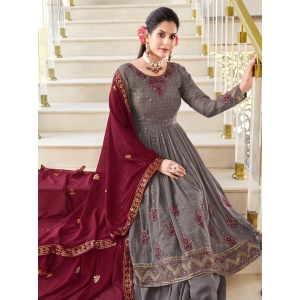 Grey Thread Embroidery Georgette Sharara for Mehendi