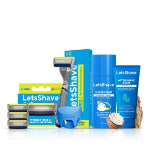 LetsShave Pro 6 Value Shaving Kit-6 Blade Razor with 4 Blade refill,  After Shave Balm, Shave Foam 200g with free Travel Cap | Safety Precision Trimmer/Back Blade for Men