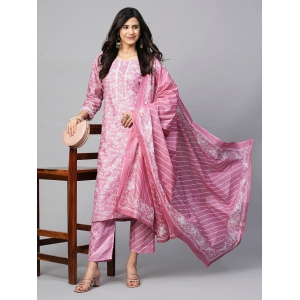 Garden Pink Ensemble: Women's Printed Cotton Kurta Pant Set-XXL