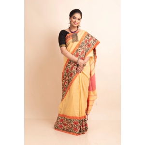 Look and Adorn Butter Yellow Black Red Handwoven Khadi Cotton Floral Meena Begumpuri Saree with Blou