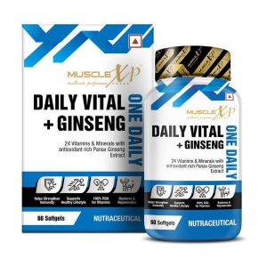 MuscleXP One Daily Vital + Ginseng Multivitamin with 24 Vitamins & Minerals + Panax Ginseng for Men & Women, 60 Softgels