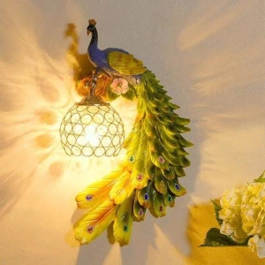 Hdc Peacock Resin Wall Mounted Led Night Lamp Antique Wall Light Lamp- Green-Left