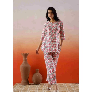 Plus Size White and Light Maroon Floral print Cotton Loungewear Set-M