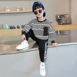 Black Check Printed T-SHIRT With Black Track Pant-3-4 YEAR