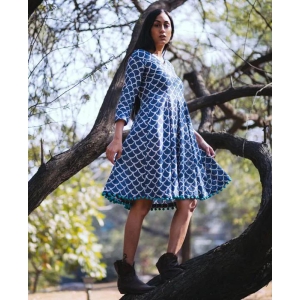 Block Printed Fit and Flare Dress with Handmade Pompoms-XL