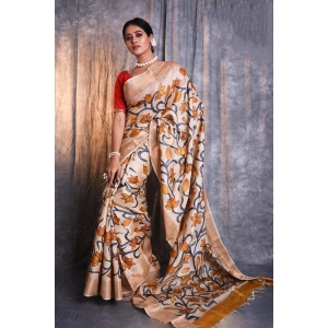 Zari Tussar Saree Kalamkari Handpainted, Handwoven Pure Tussar Silk Saree, SilkMark Tussar 03