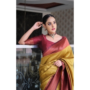 Mustard & Maroon Pure Pure Banarasi Silk With Confounding Blouse Piece