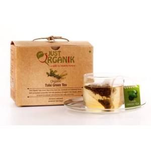 Just Organik Tulsi Green Tea - 20 Hand stitched pyramid tea bags, 100% Organic