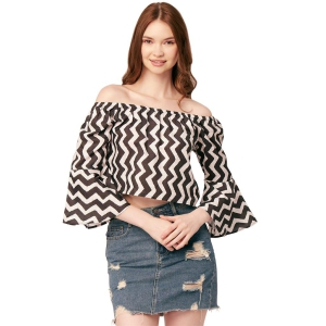 Moomaya Printed Off-Shoulder Top, Womens Long Bell Sleeve Crop Top Blouse