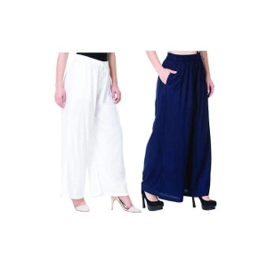 Womens Rayon Solid Soft Palazzo Pants Trousers (Save Pack of 2, White_Blue)