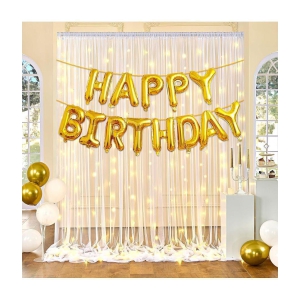 Zyozi Happy Birthday Decorations Kit - Happy Birthday Foil Balloons with Led Rice Light & Net Curtains For Birthday Decorations | Birthday Light Combo Kit (Pack Of 4) - Gold