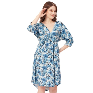 Moomaya Printed Quarter Sleeves Short Dress, Knee Length Flared Hem Summer Dress