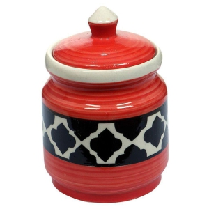 RAJ ROYAL Mughal Art Ceramic Pottery Hand Painted Cornichon Crockery Pulses Dry Fruit Pickle Storage Jar for Kitchen (Blue_1.25 Kg) - Red