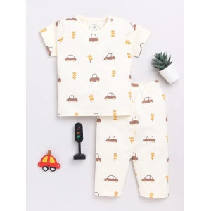 Cream Car Print Half Sleeve Night Suit-2-3 y