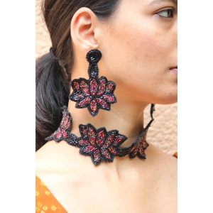 Black Lotus Hand Embroidered Earrings And Choker Set By Qurcha