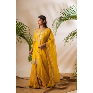 Ethnic Charm: Anushka Gupta’s Yellow Handloom Cotton Kurta Sharara Set with Intricate Embroidery