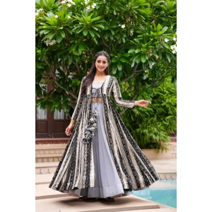 Light Gray Printed  Shrug Style Indo Western Gown For Women-M