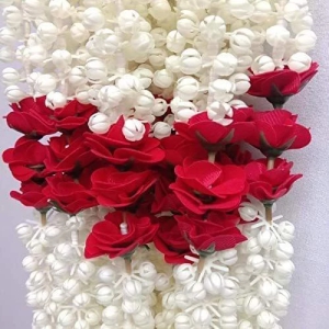 Smizzy Decioration Flowers Garlands for Home Decoration Plastic and Fabric (White Mogra/Jasmine with Red Roses, 5 feet, Pack of 4) Toran Garland String for Home Door Decoration Wedding Pooja Room