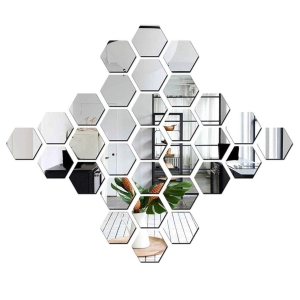 WallDaddy Mirror Stickers For Wall Pack Of 32 Hexagon Silver Color Flexible Mirror Size (10x12)Cm Each Hexagon-Free Size