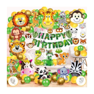 Zyozi Jungle Safari Birthday Decoration / Birthday Decorations items - Party Decoration Bunting Banner with Balloons, Cake Topper,Foil Balloons, Cardstock Cutout, Glue & Sticker (Pack of 81)