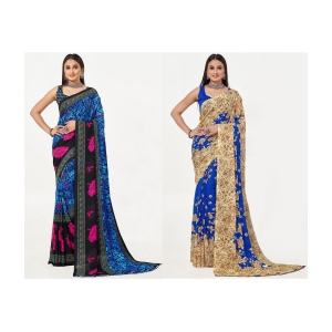 LEELAVATI - Blue Georgette Saree With Blouse Piece ( Pack of 2 ) - Blue