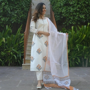 Cotton White Block Printed Kurta with Pant & Dupatta-S