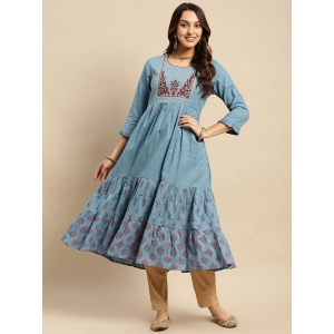 Rangita Women 100% Cotton Light Blue Yoke Embroidered Gold Textures Calf Length Anarkali Kurti - None