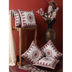 HOMETALES Set of 5 Velvet Ethnic Square Cushion Cover (40X40)cm - White - White