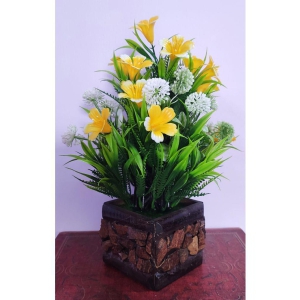 BAARIG - Yellow Iris Artificial Flowers With Pot ( Pack of 1 )