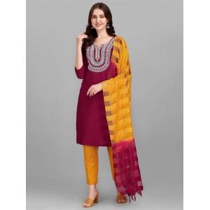 Wine Colour Slub Cotton Embroidery Kurta Pant Dupatta Set For Women's-XXL-44 / Wine