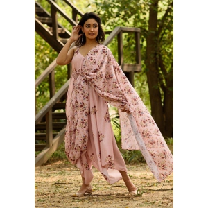 Carnation Pink Palazzo Jumpsuit with Small Motif (Carnation Pink) Detachable Dupatta-2XL / 6'0