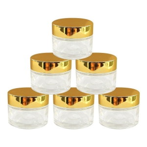 HARRODS Round Empty Glass Cosmetic Cream Container/Jars With Golden Cap And White Inner Lids For Creams, Balms, Face Scrub, Body Cream Etc - 50gm (Pack Of 6)