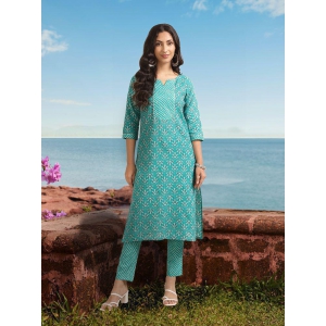 Rangita Women Rayon Sea Green Embroidered Knee Length Straight Kurti With Pants - None