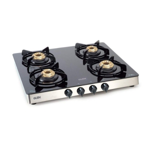 Glen Open 4 Burner Glass Cooktop with Brass Burner (Black, Manual Ignition, 1041 GT BB)