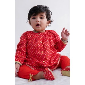 Baby Girl Bandhani Printed Jhabla Set-Red 0M (3- 3.8Kg)