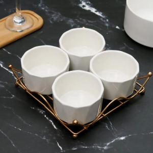 Ceramic White Bowl Set With Metal Stand (set of 4)